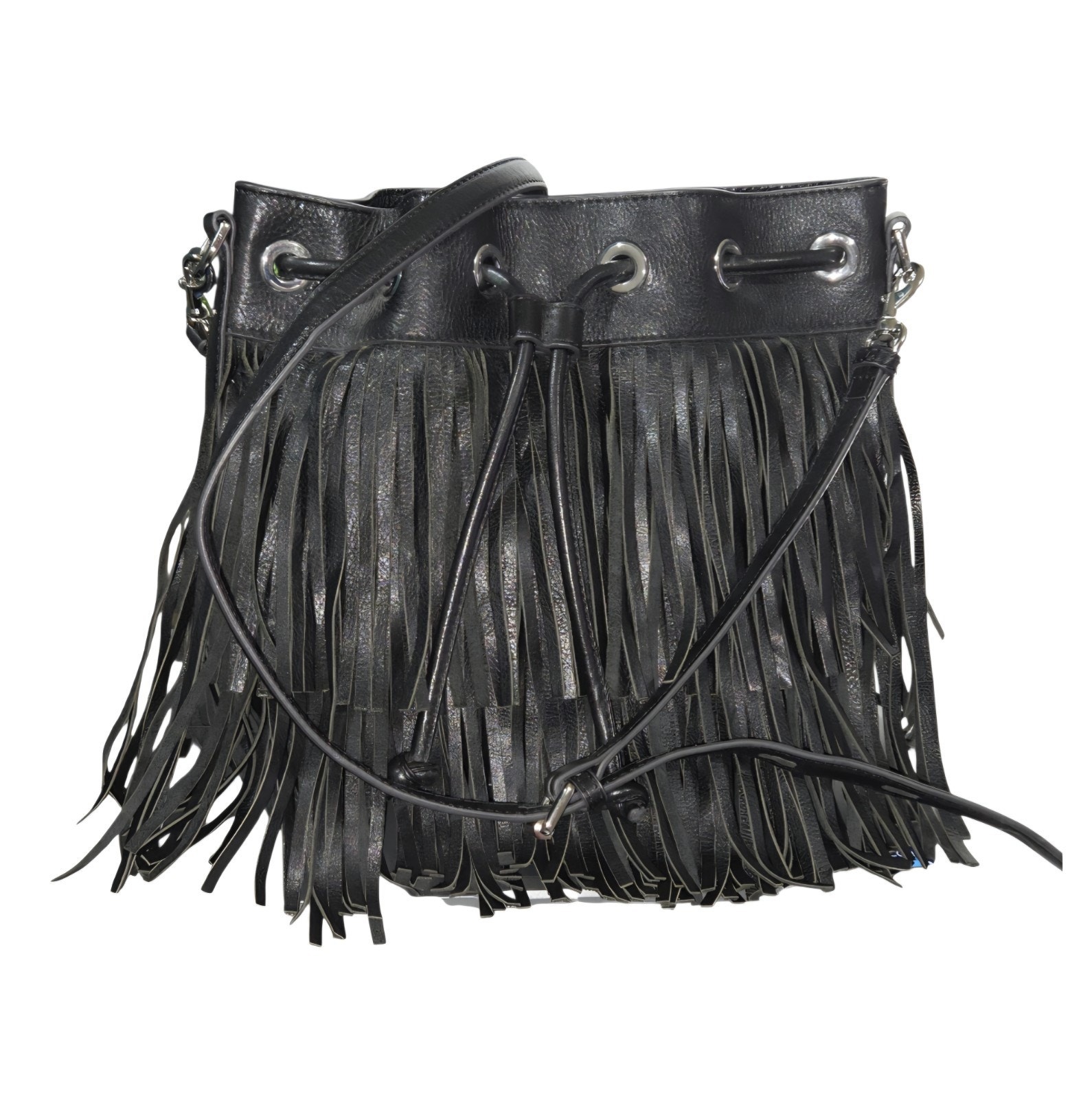 Rebecca Minkoff Fiona Black Leather Fringe Bucket Bag Crossbody Boho